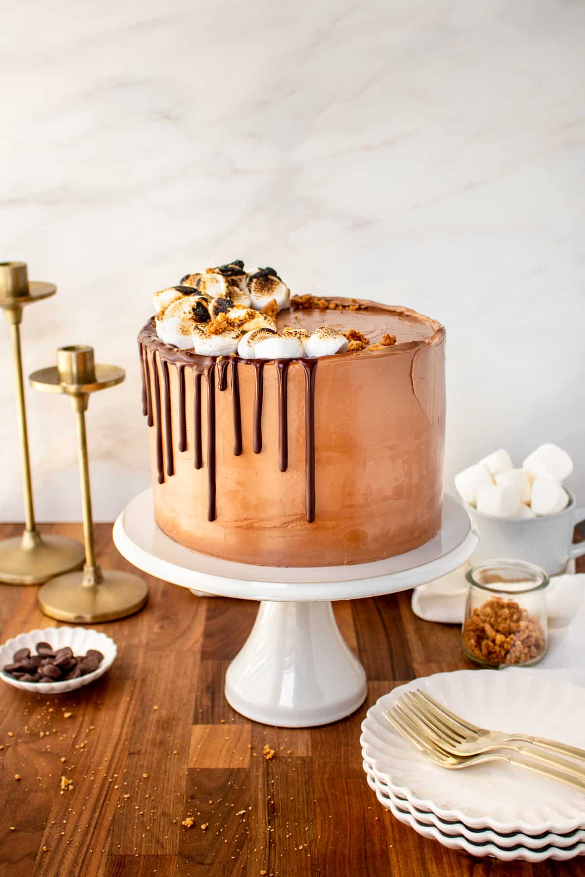 peanut butter smores cake with toasted marshmallows on top