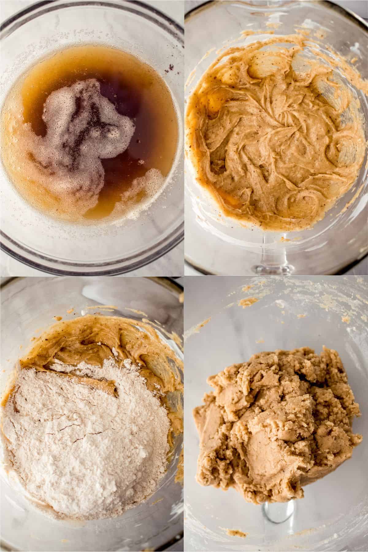 step by step of brown butter, mixing the wet ingredients, and adding the dry ingredients to create a dough