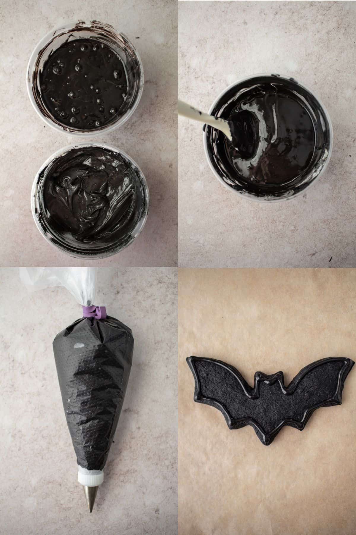 coloring black royal icing and achieving correct consistency, outlining bat cookies
