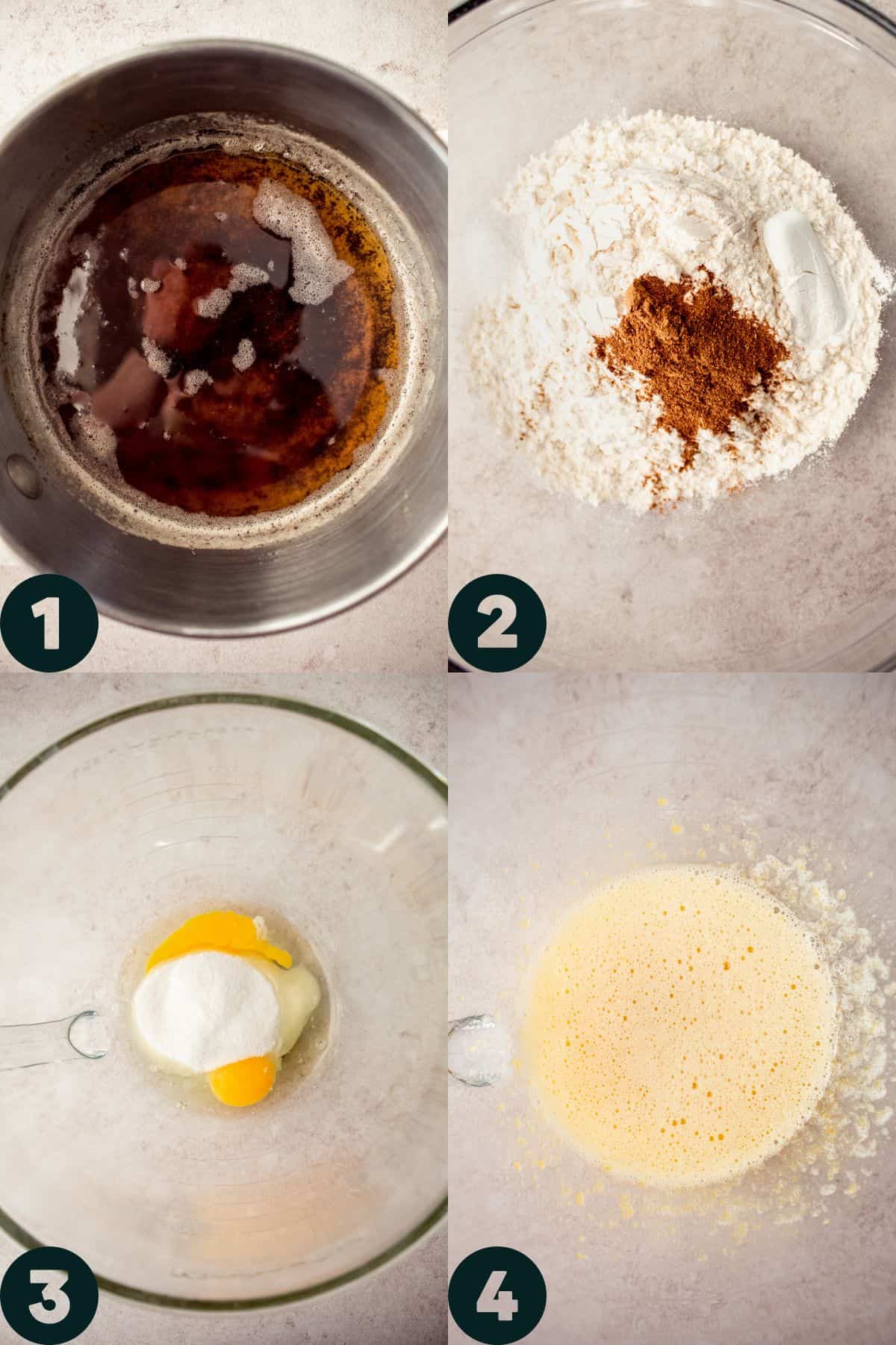 step by step photos of browning the butter, whisking dry ingredients and beating together eggs and sugar