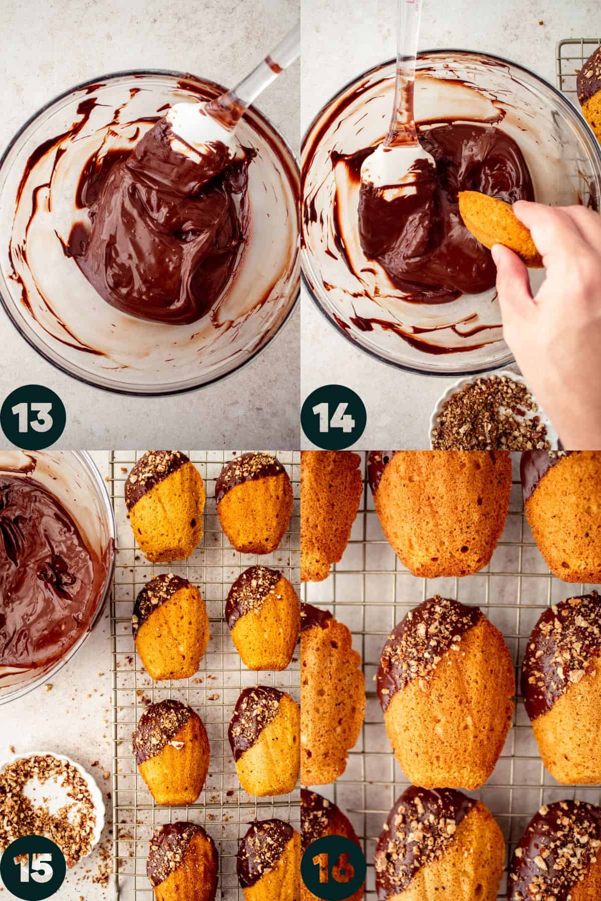 dipping madeleines in chocolate and sprinkled with pecans