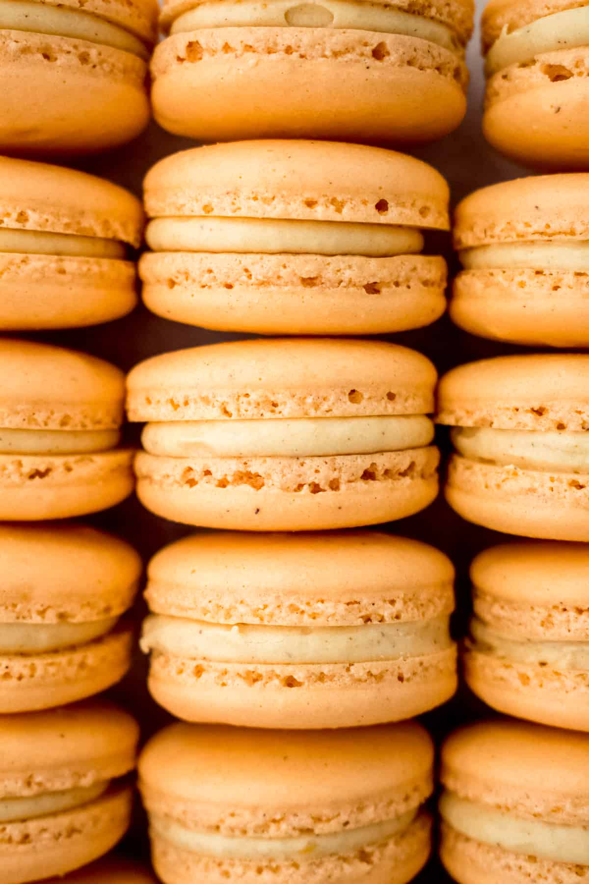 macarons sandwiched with filling lined up on cookie sheet