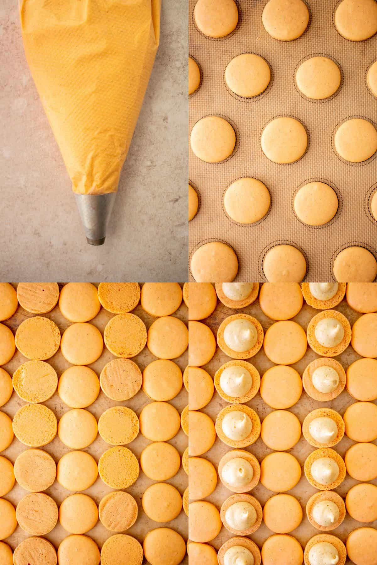 Macaron batter in piping bag, piped and baked macarons and macarons half with filling and half without