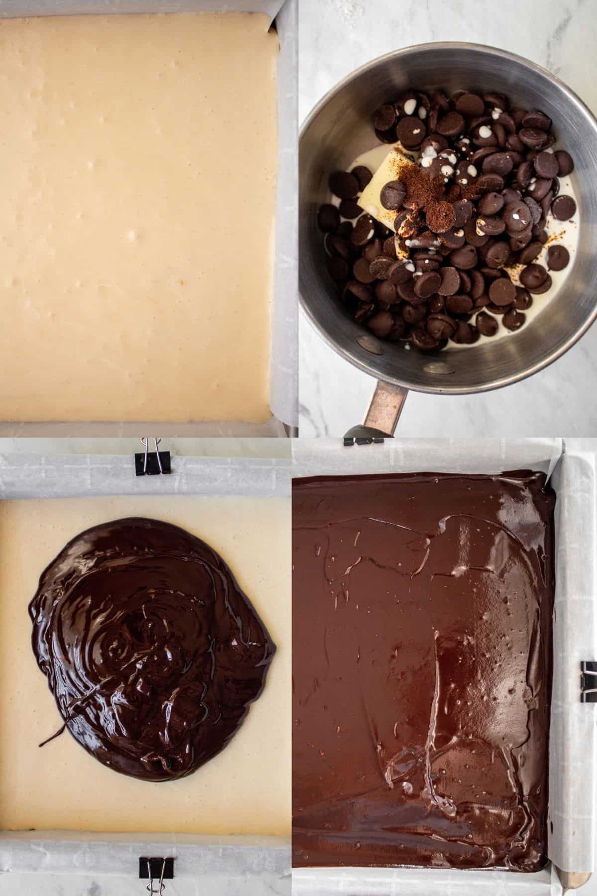 process photo of peanut butter nougat and chocolate ganache
