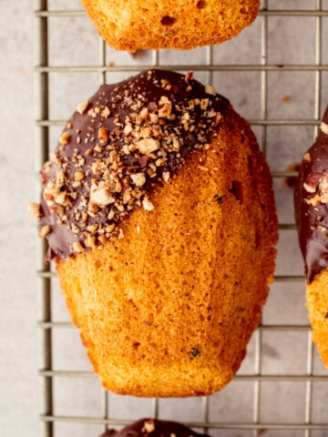 madeleine dipped in chocolate and sprinkled in pecans