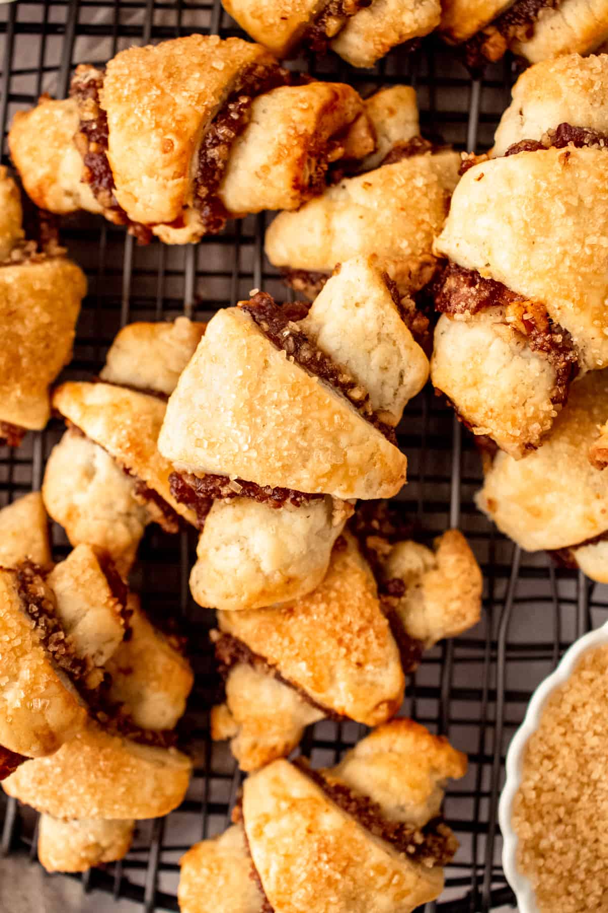 apple butter rugelach cookies on cooling rack