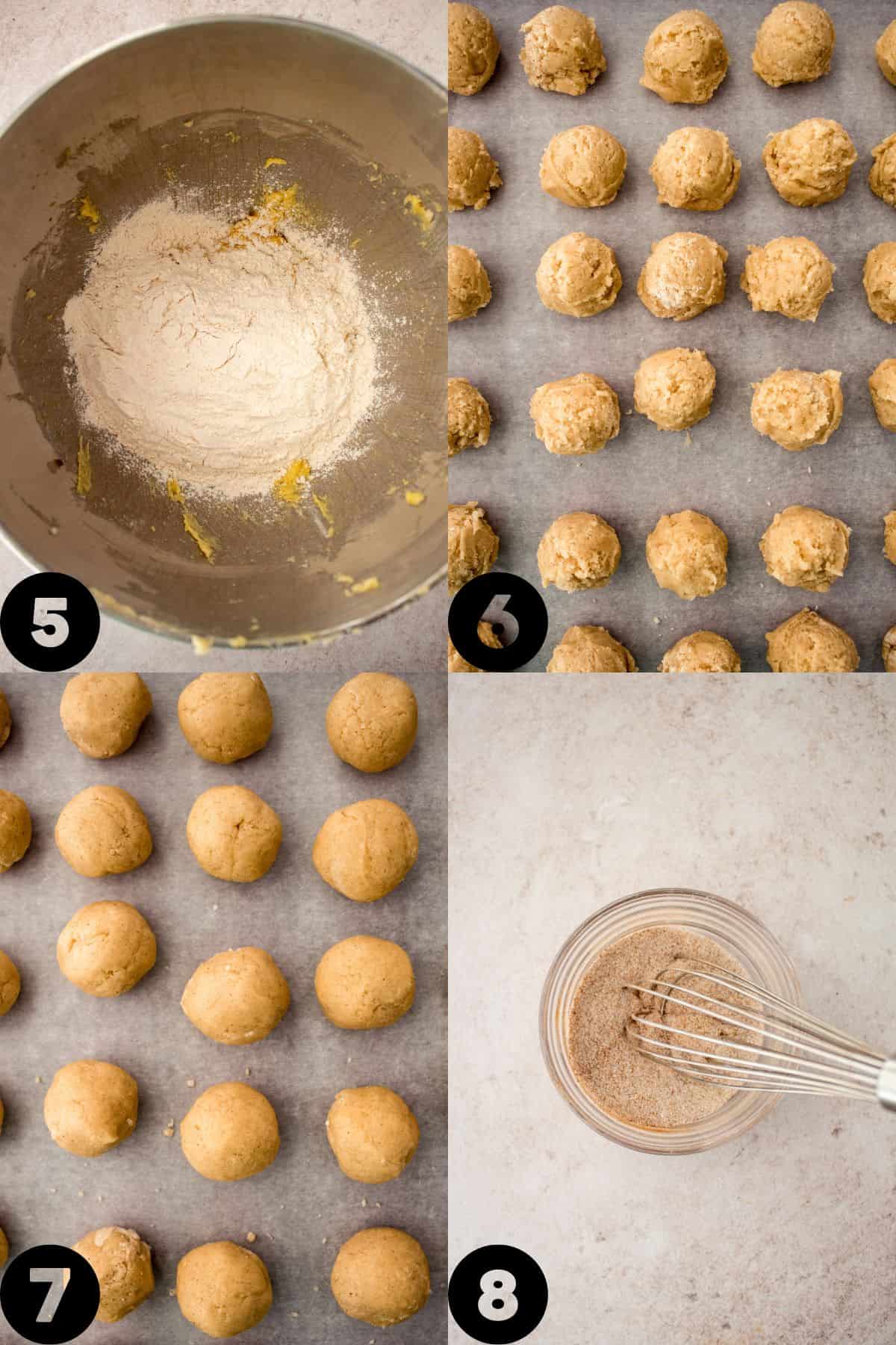 flour mixture added, dough scooped into balls, making chai sugar rolling sugar