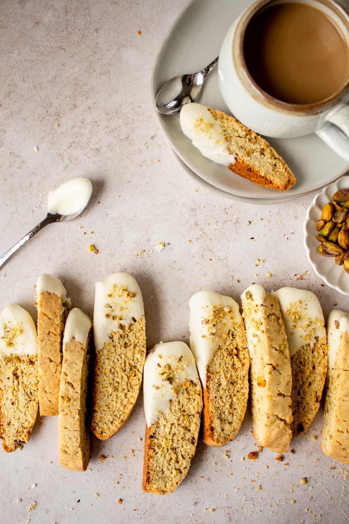 dipped white chocolate biscotti with coffee