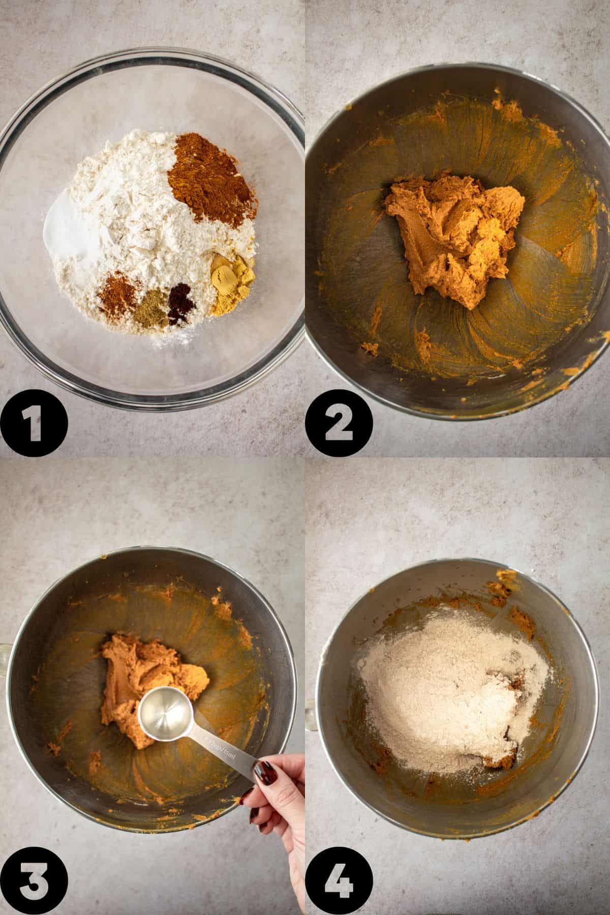 Flour, spices, salt and baking soda in a bowl, butter and brown sugar beaten together, adding hot water, adding flour mixture to egg and sugar mixture