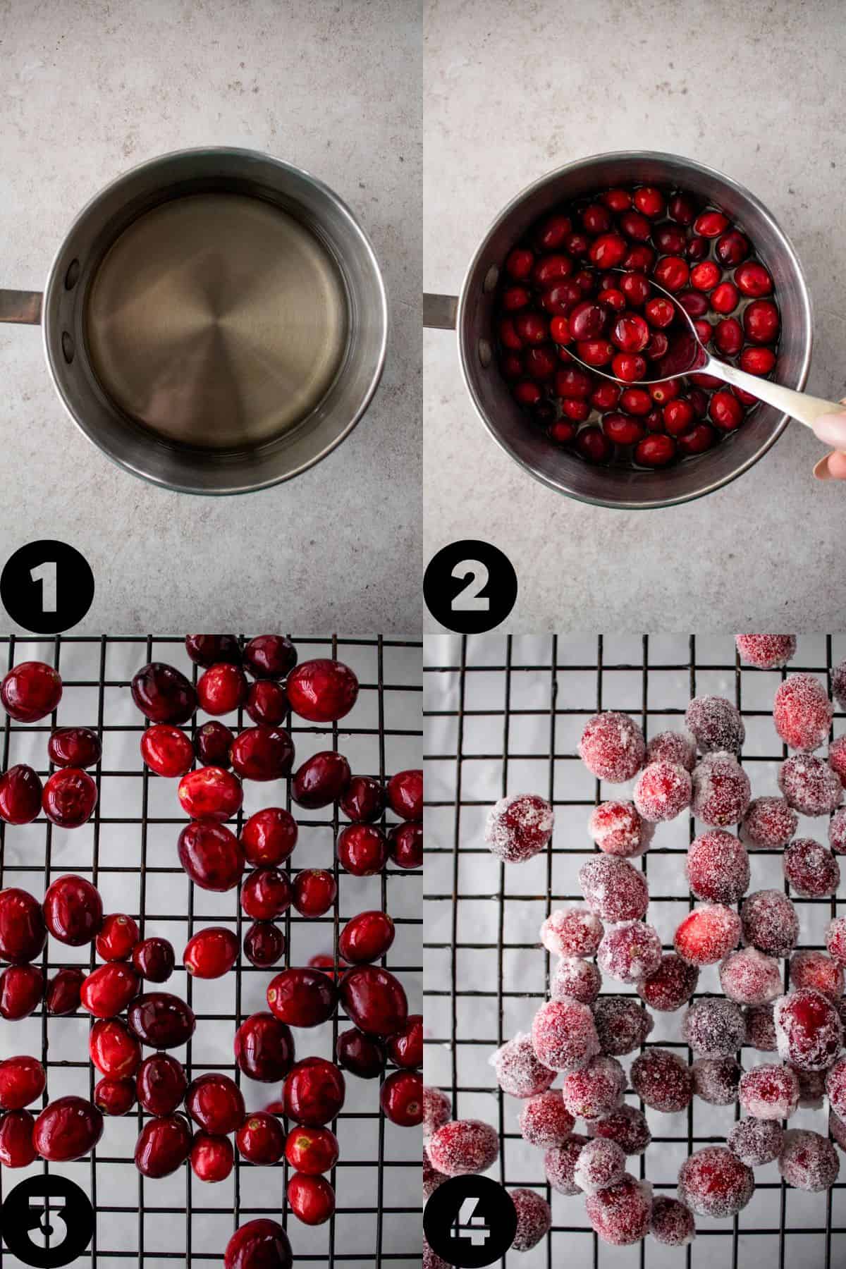 sugar syrup, coating cranberries, drying on drying rack, coated in sugar