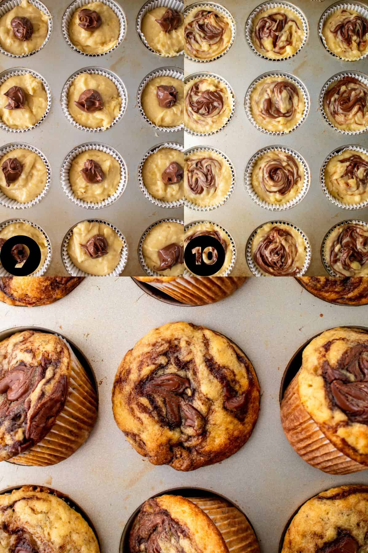 nutella on top of muffin batter, nutella swirled in