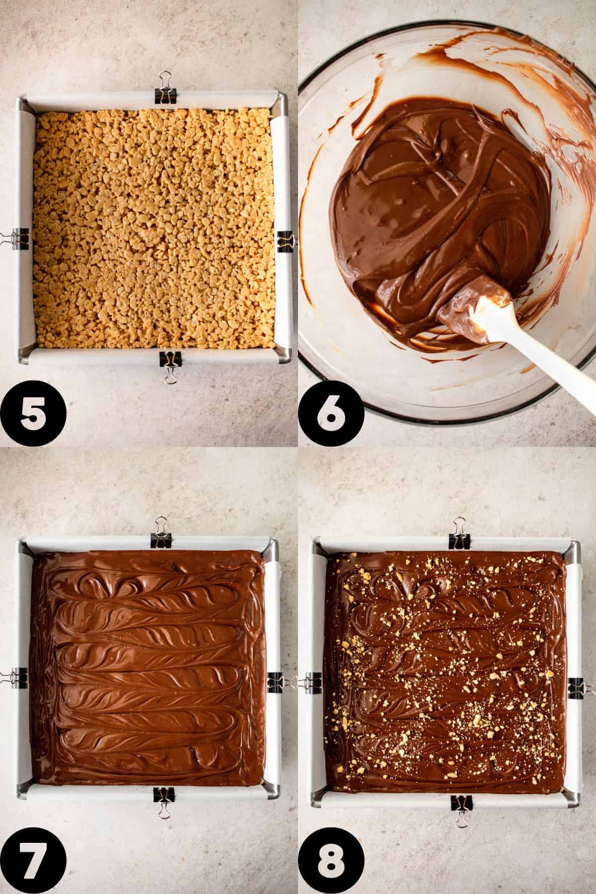 step by step recipe instructions, rice krispie treats in pan, chocolate peanut butter topping, sprinkled peanuts