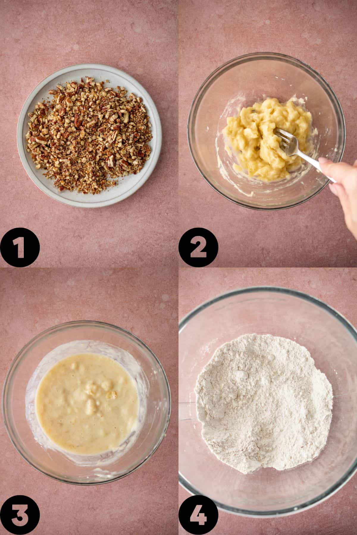 toasted pecans, mashed bananas, added buttermilk and vanilla, dry ingredients in mixing bowl