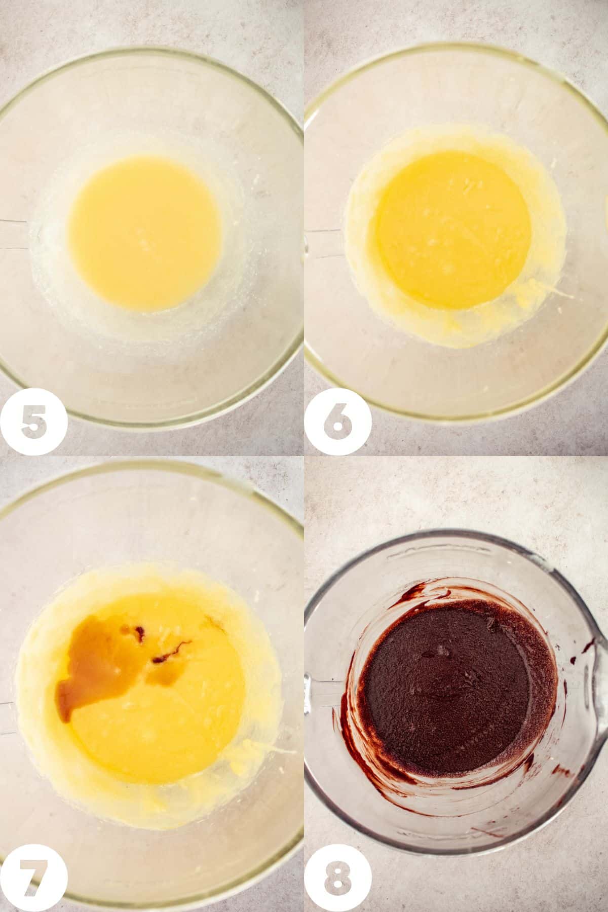 step by step photos, whisked butter and sugar, eggs beaten in, vanilla added, chocolate mixture added
