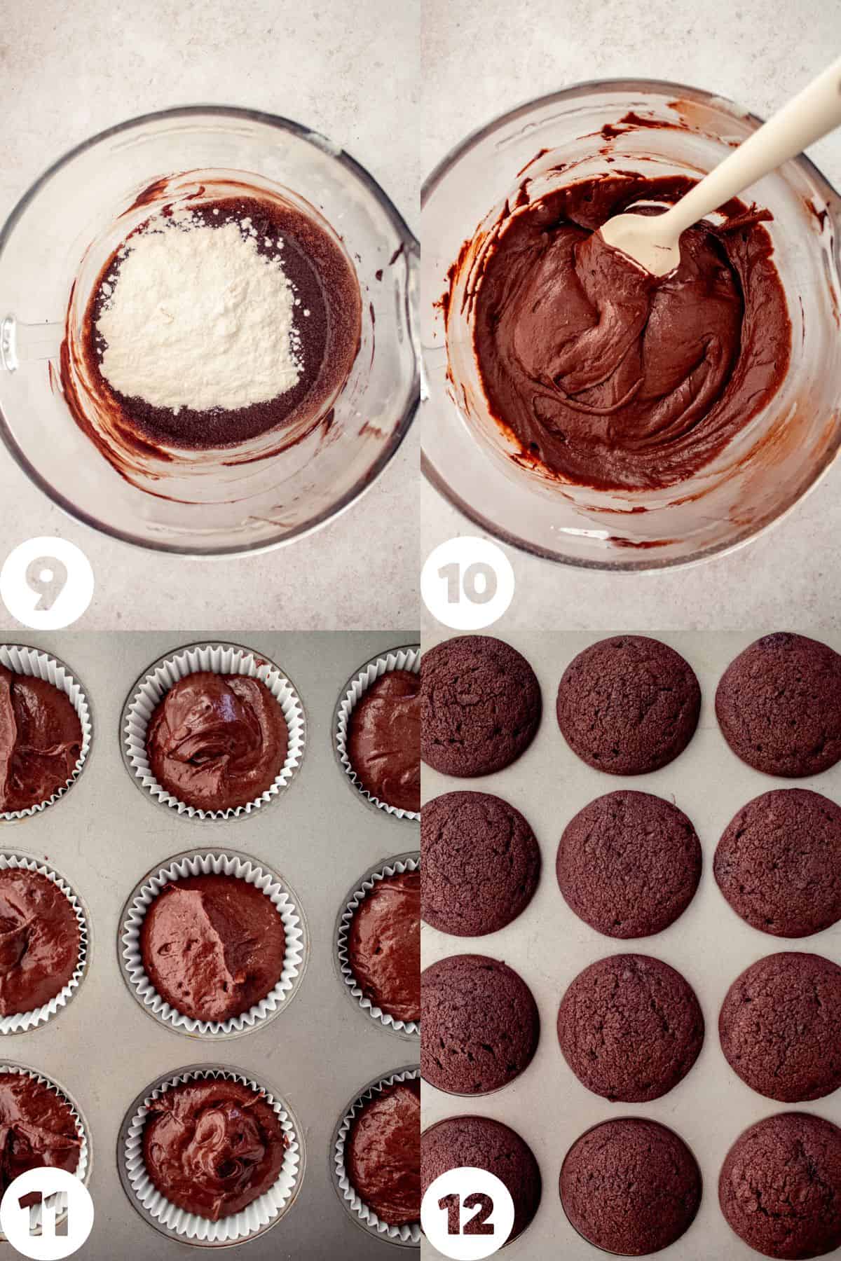 step by step photos - dry ingredients added, mixed in, batter portioned into cupcake liners, baked cupcakes