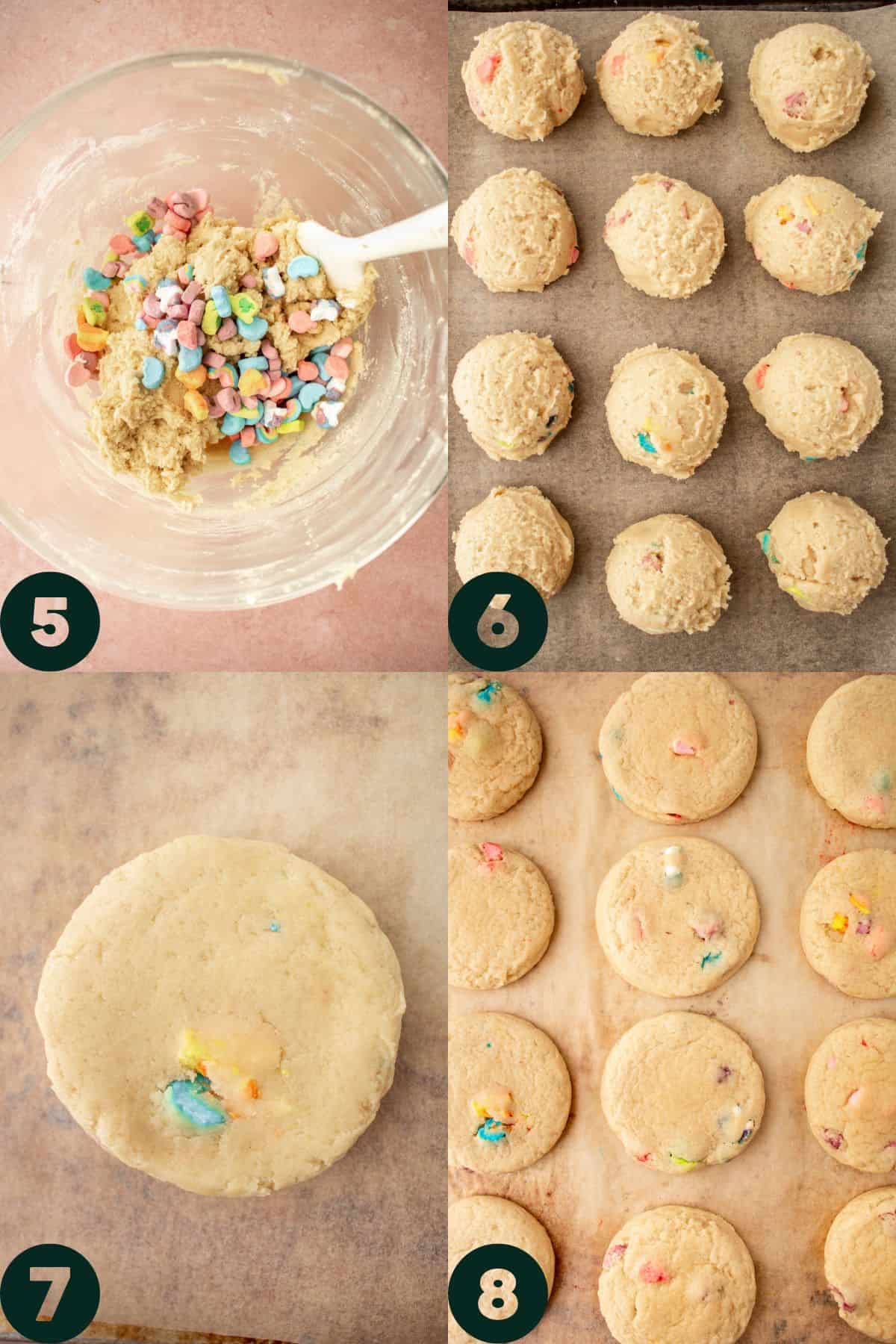 step by step photos - lucky charms cereal mixed in, dough scooped into balls, dough flattened to a thick disc, baked cookies