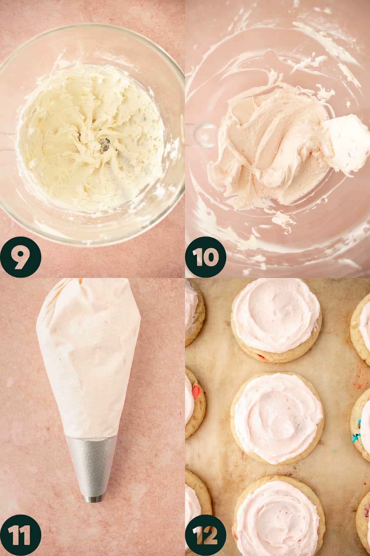 step by step photos making buttercream - butter and sugar beaten, vanilla, cream and pink food color beaten in, frosting in piping bag, frosting on the cookies