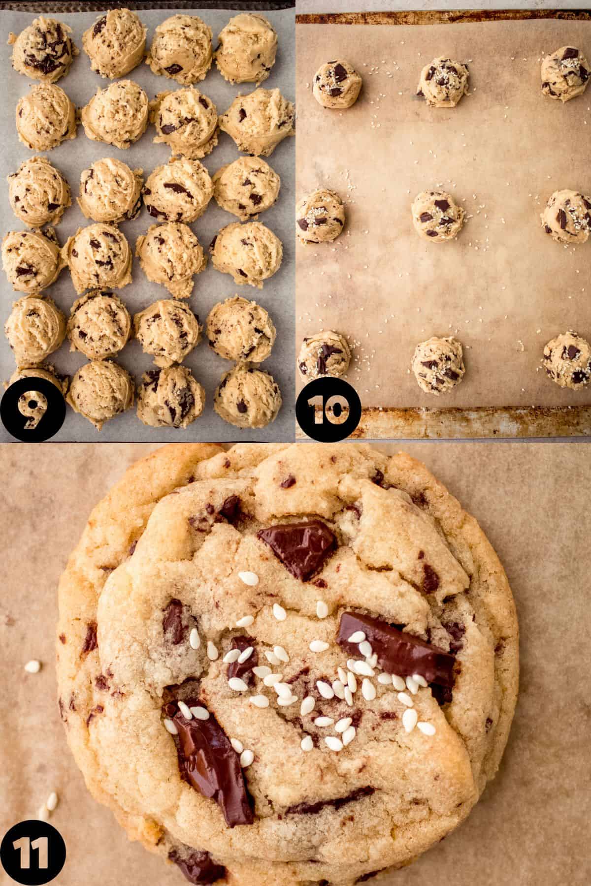 step by step photos - dough scooped on cookie sheets, topped with extra chocolate and sesame seeds, baked cookie