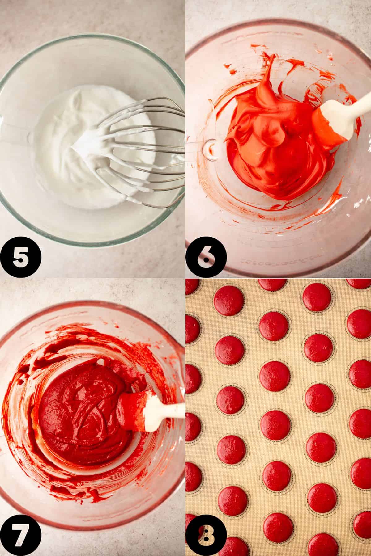 step by step photos - stiff egg whites, red coloring added, ready batter, piped macarons