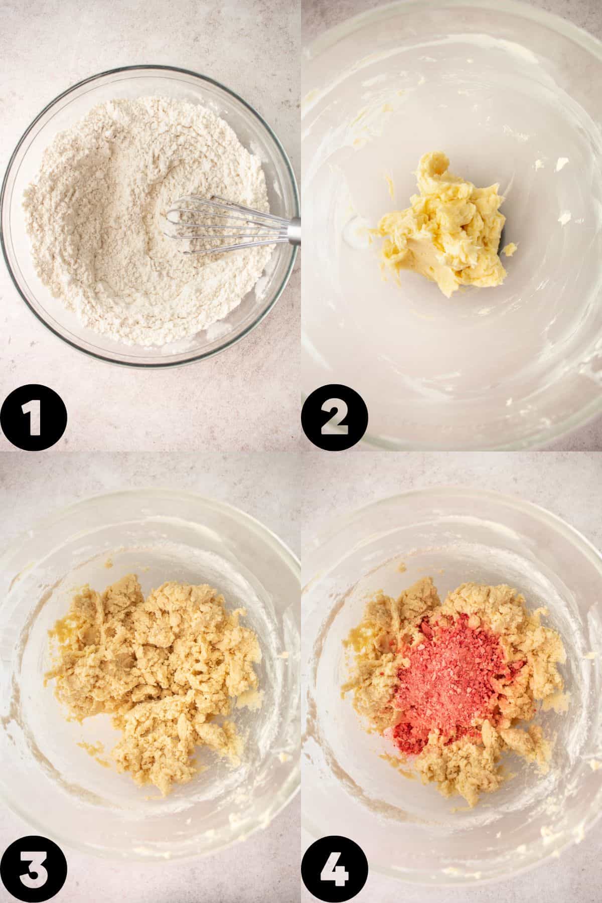 Step by step photos - whisked together dry ingredients, beaten butter and sugar, dry added to butter, added freeze dried strawberries