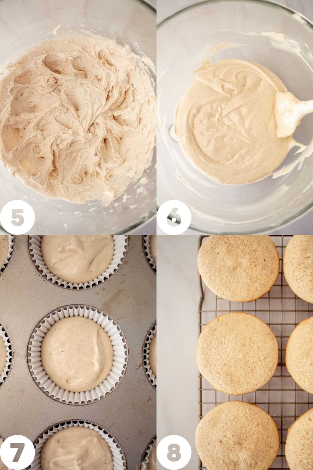step by step process photos, beaten in milk, beaten in egg and oil mixture, batter in cupcake tin, baked cupcakes