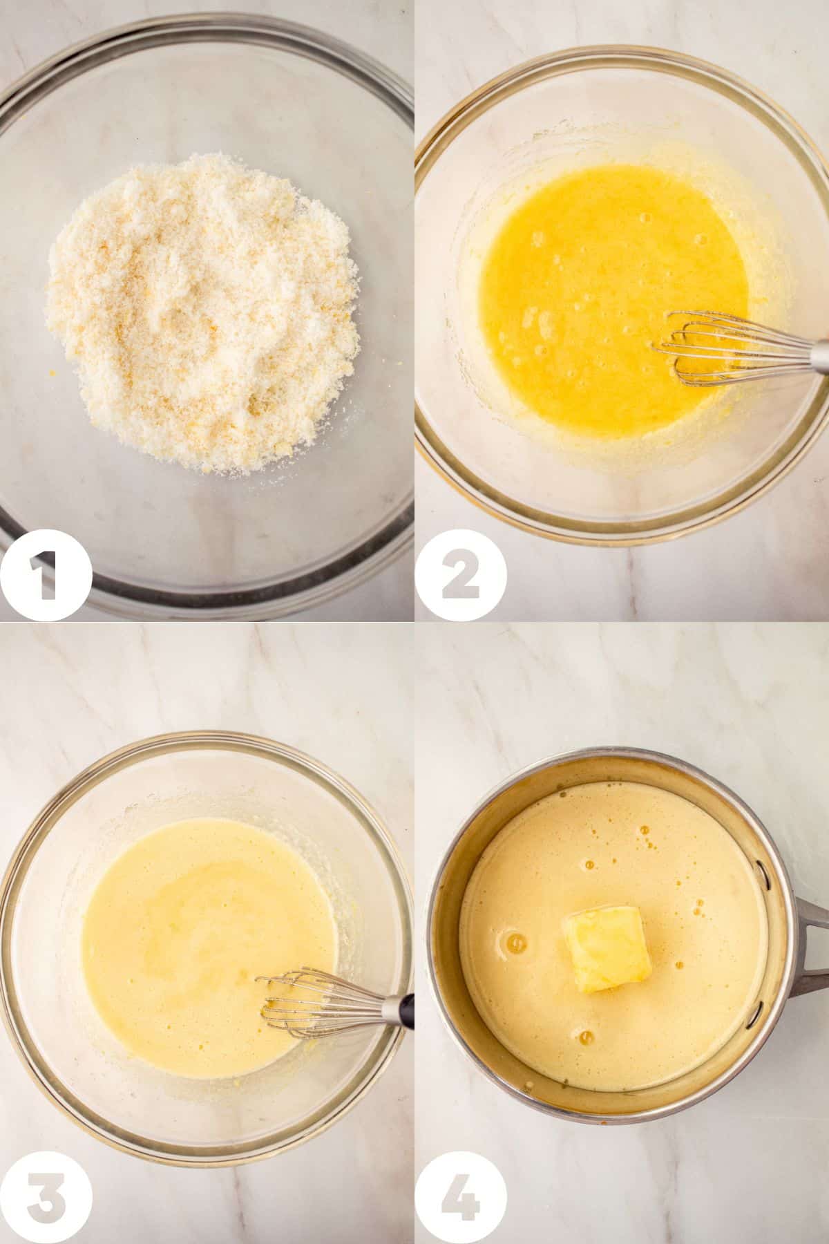 step by step photos - lemon sugar, whisked with eggs, lemon juice, in saucepan with butter