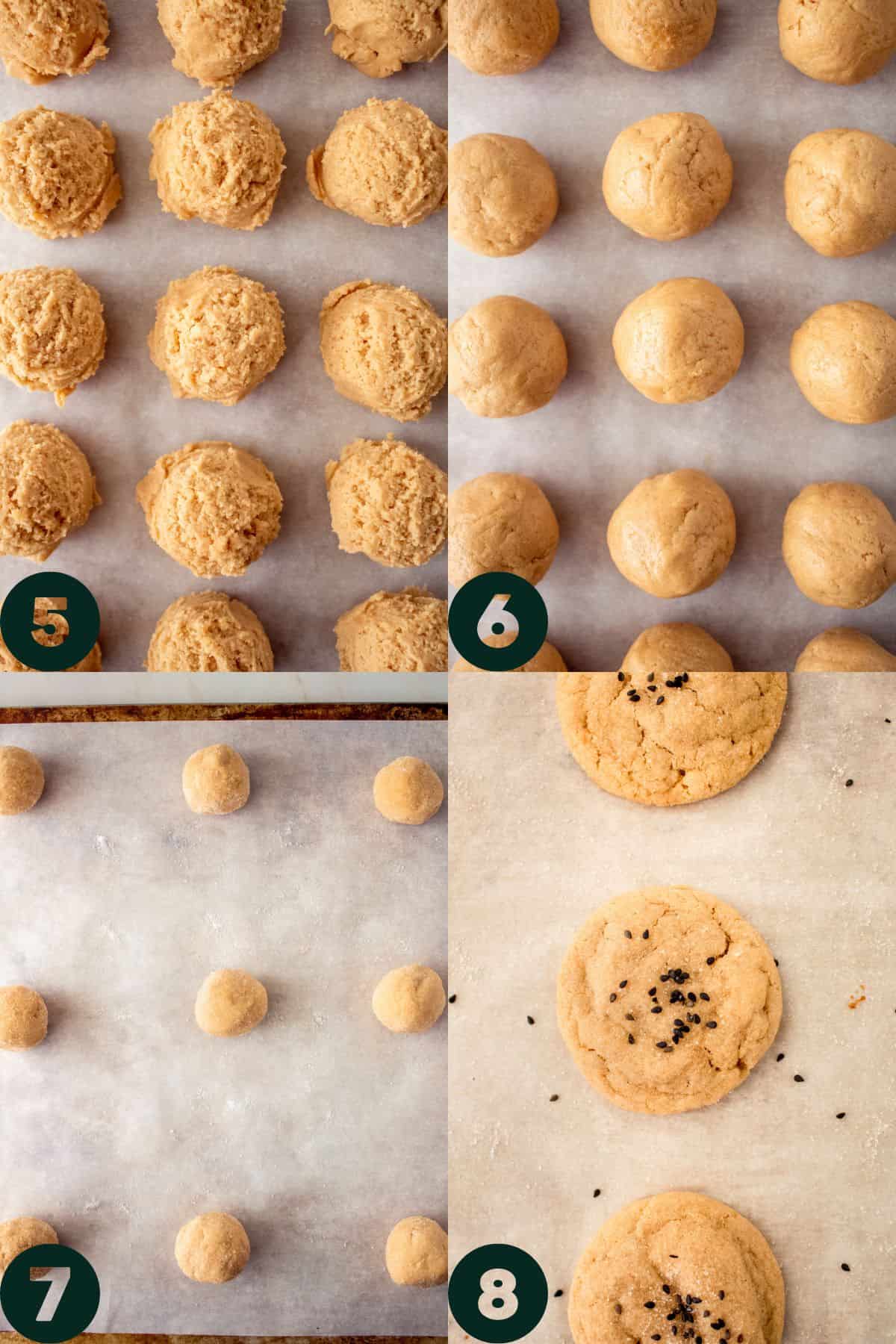 step by step photos of cookies being scooped out, rolled into balls, rolled in sugar and baked with black sesame seeds on top