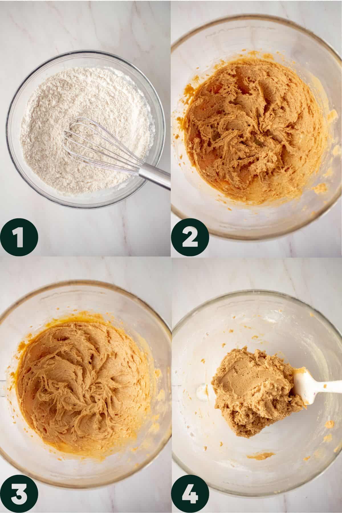 step by step photos, whisked dry ingredients, beaten butter, sugars, eggs, miso and vanilla