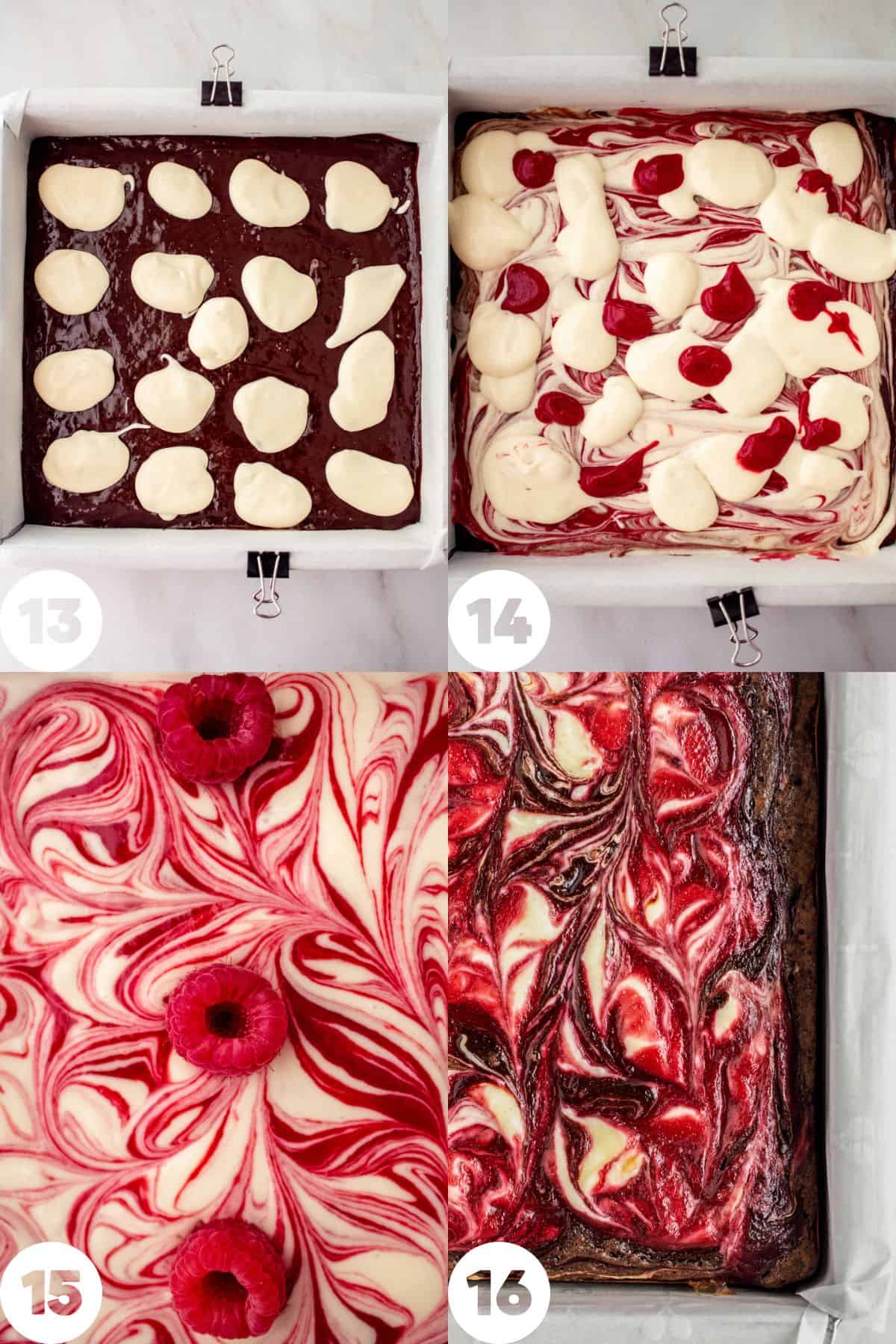 step by step recipe instructions, cheesecake dolloped on top, raspberry jam added, mixture swirled and fresh raspberries on top, baked brownies
