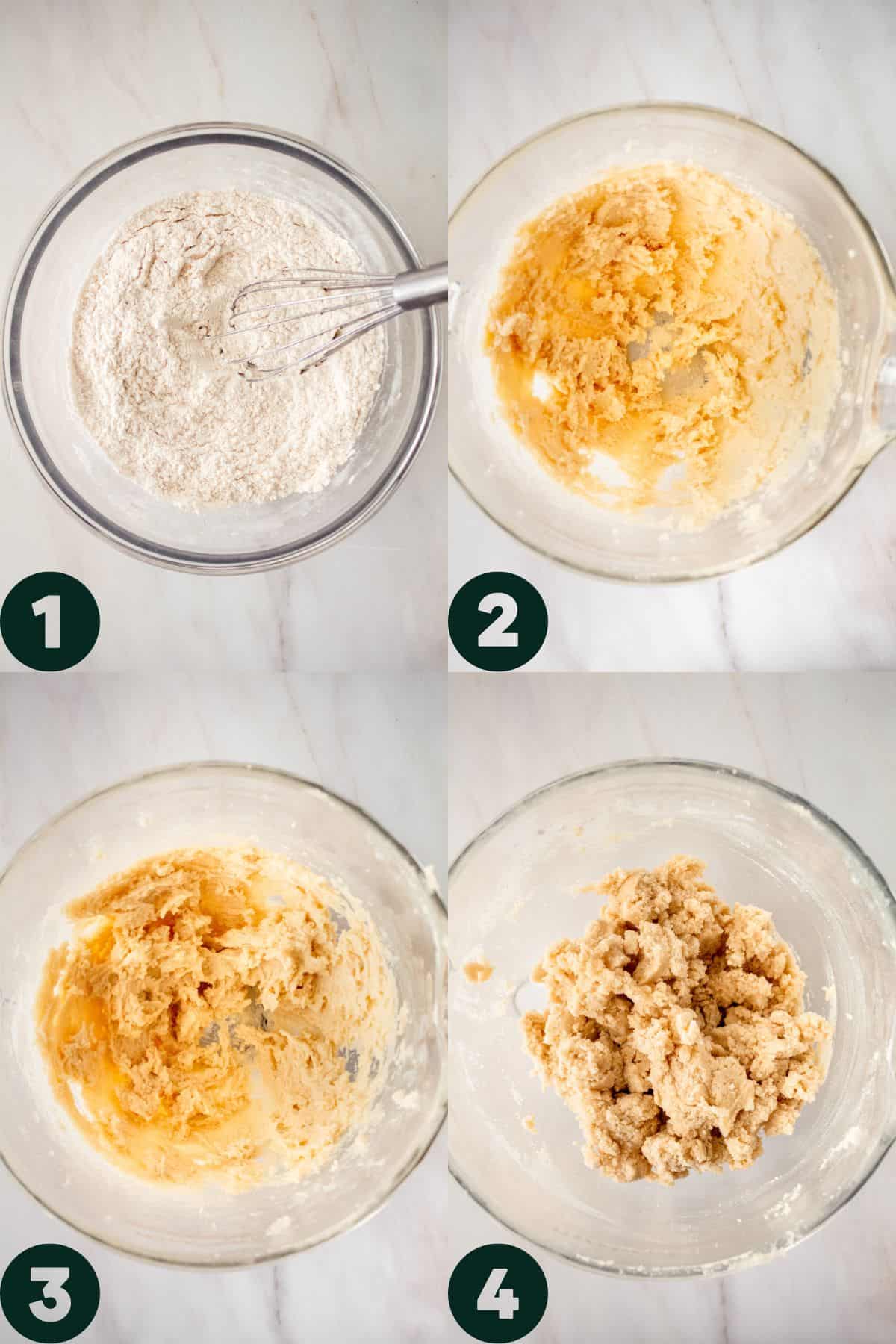 Step by step photos of whisking together the dry ingredients, beating together the butter and sugar, beating in eggs, then beating in the flour mixture