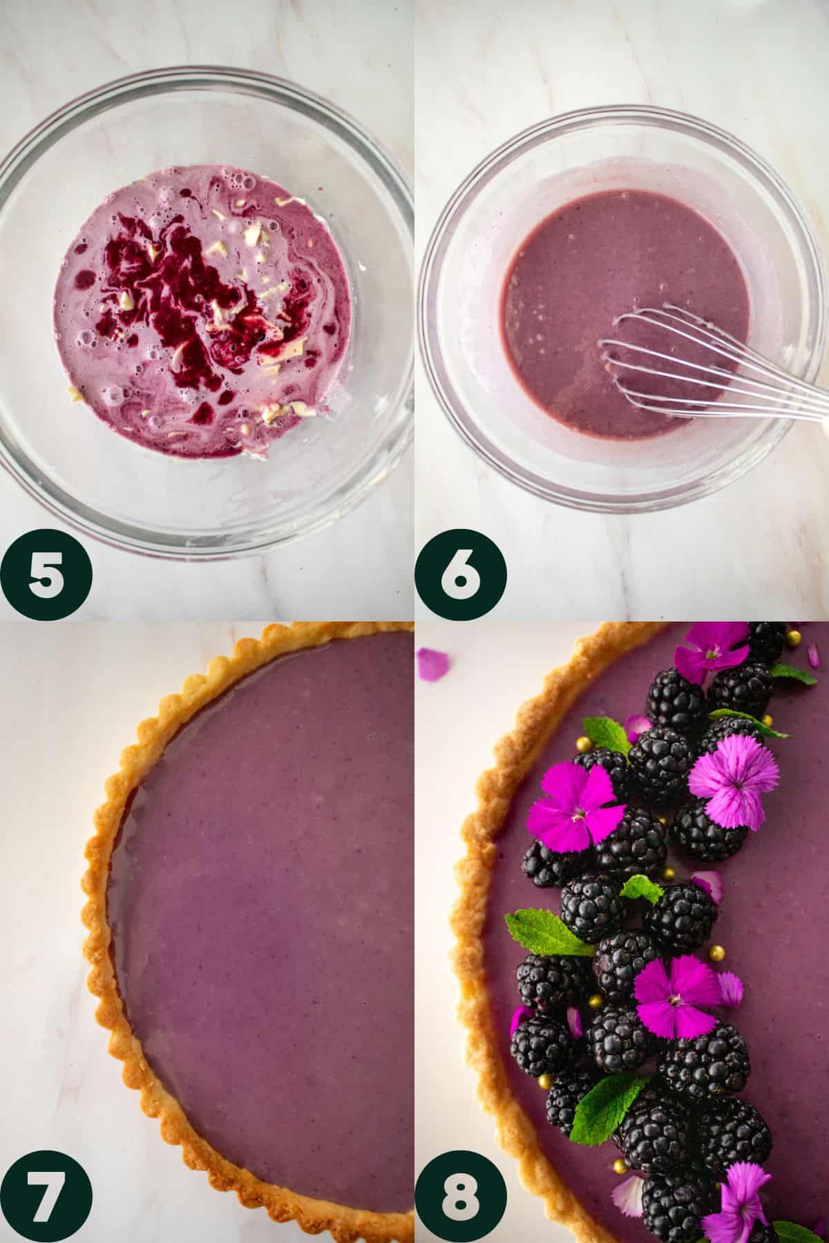 step by step photos of blackberry cream with white chocolate, whisked together, poured into baked tart shell and chilled and decorated