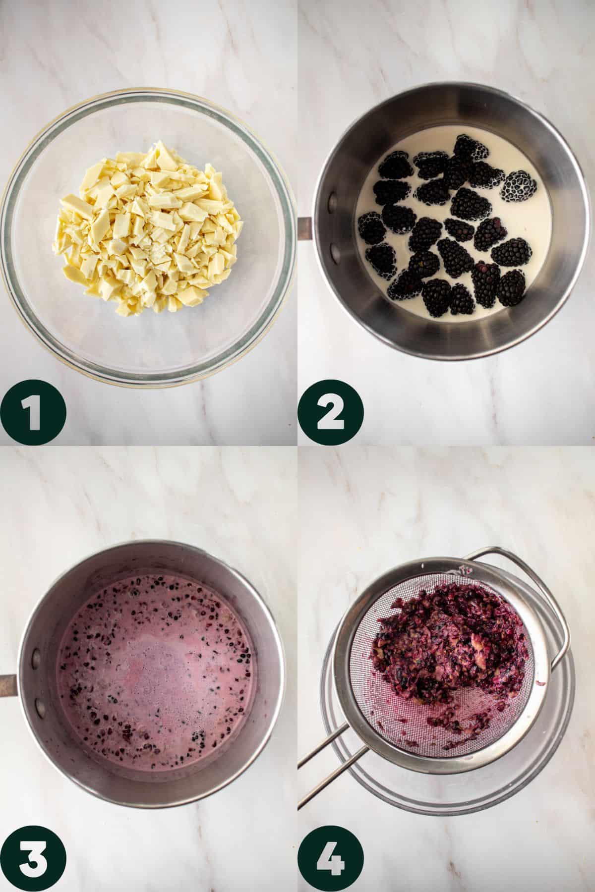 step by step photos, cooking blackberries with cream, mashing blackberries and straining the blackberries and cream