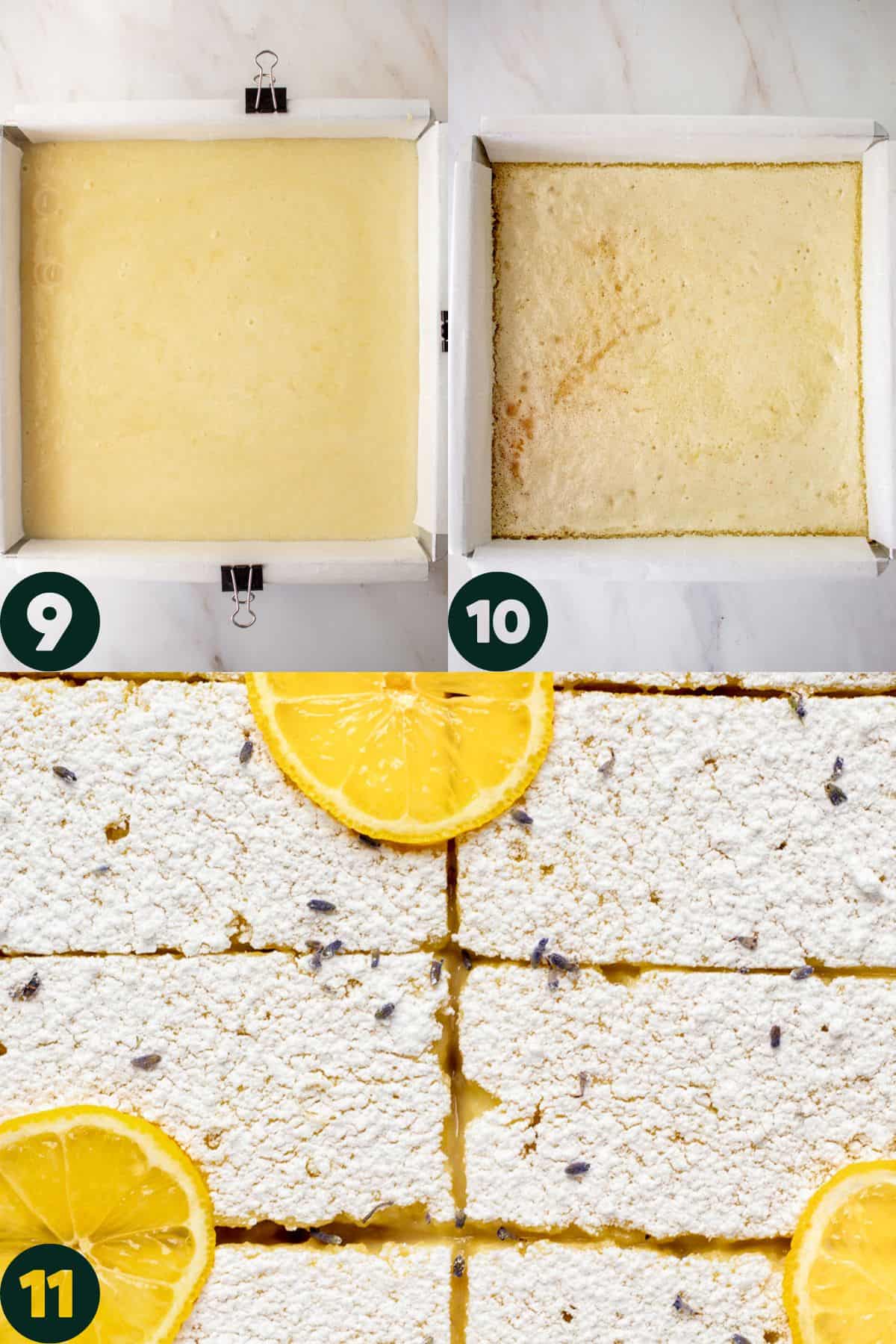 step by step photos of baking and decorating the lavender lemon bars
