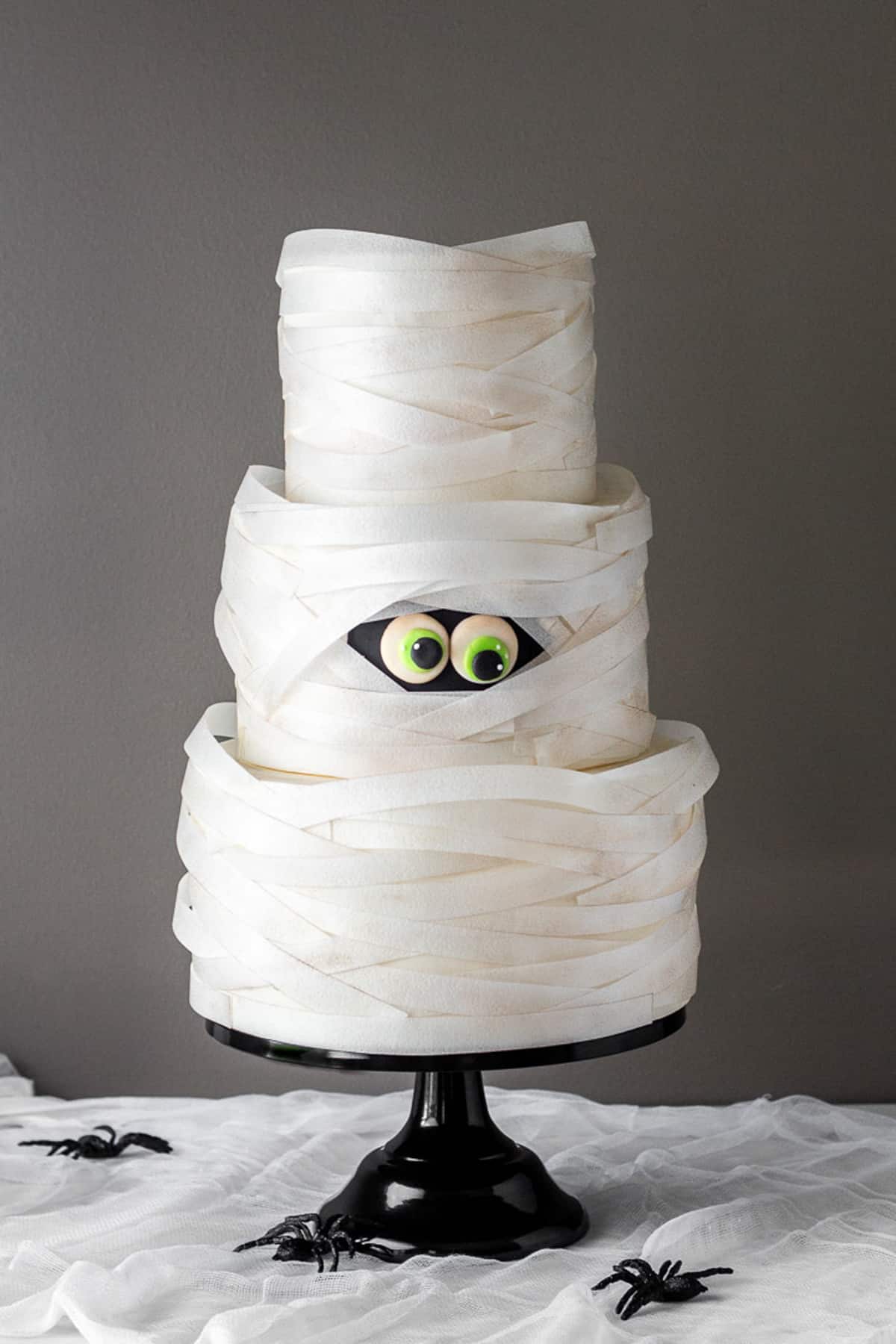 decorated halloween mummy cake with fondant and wafer paper