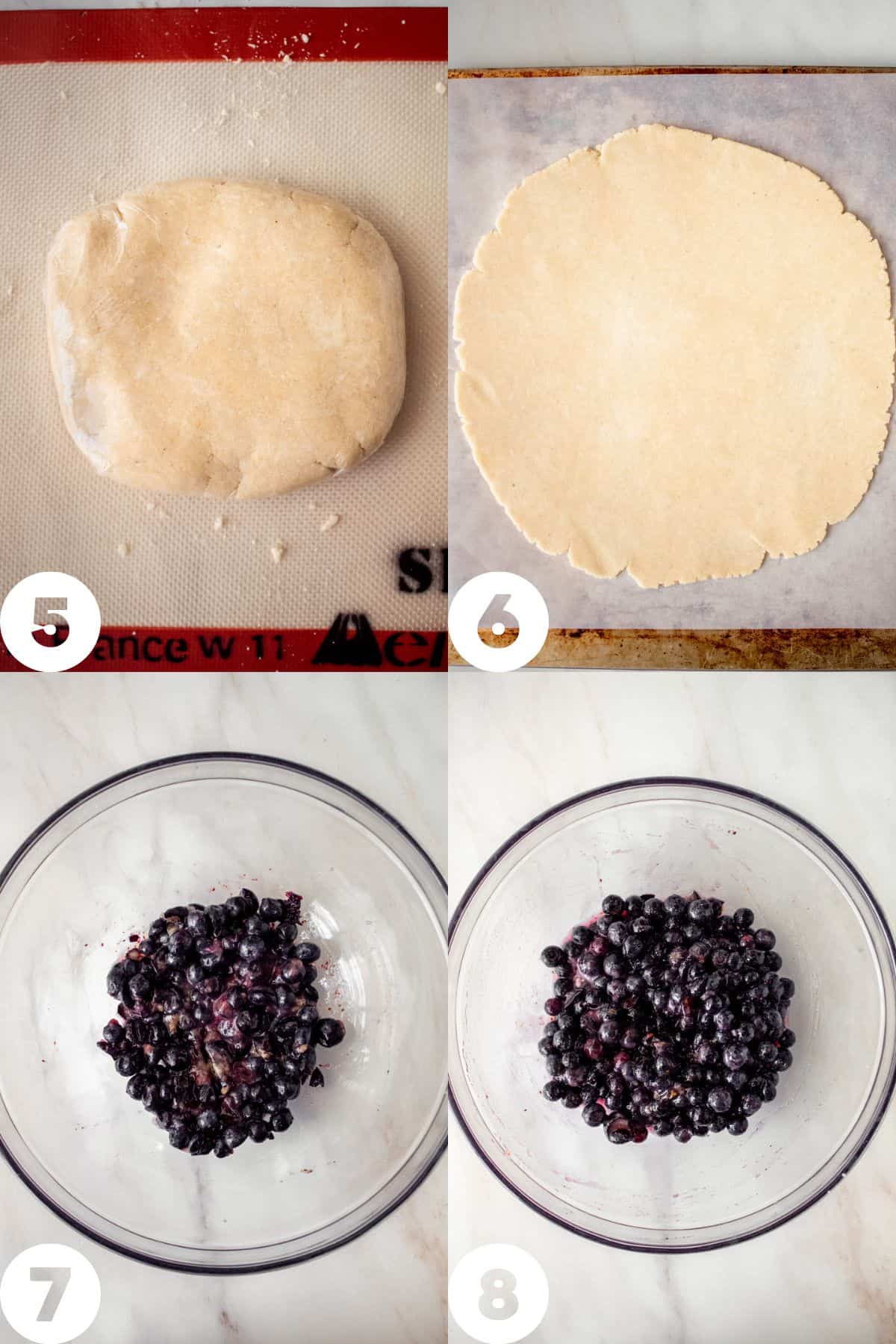 step by step rolling out pie crust and making blueberry filling