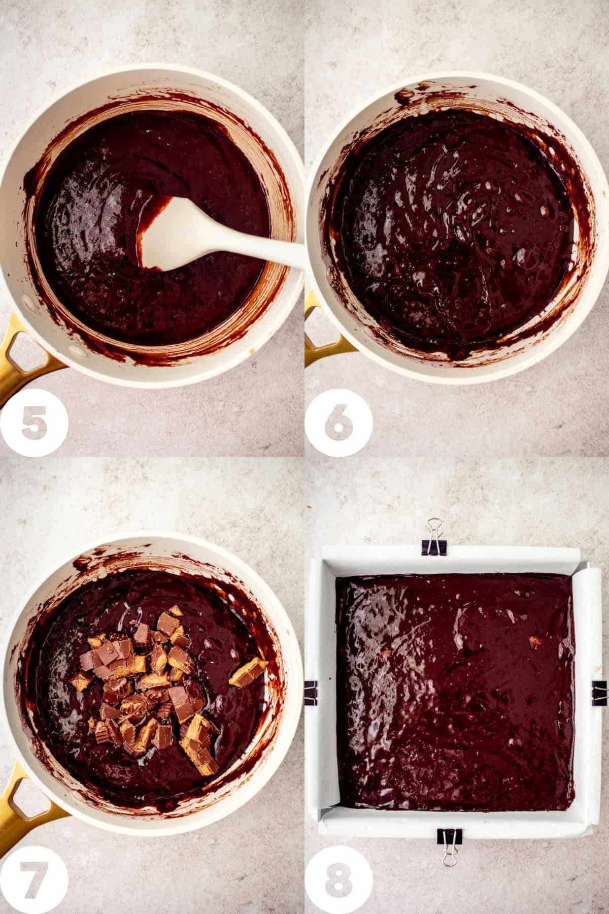 step by step mixing in peanut butter cups into brownie batter
