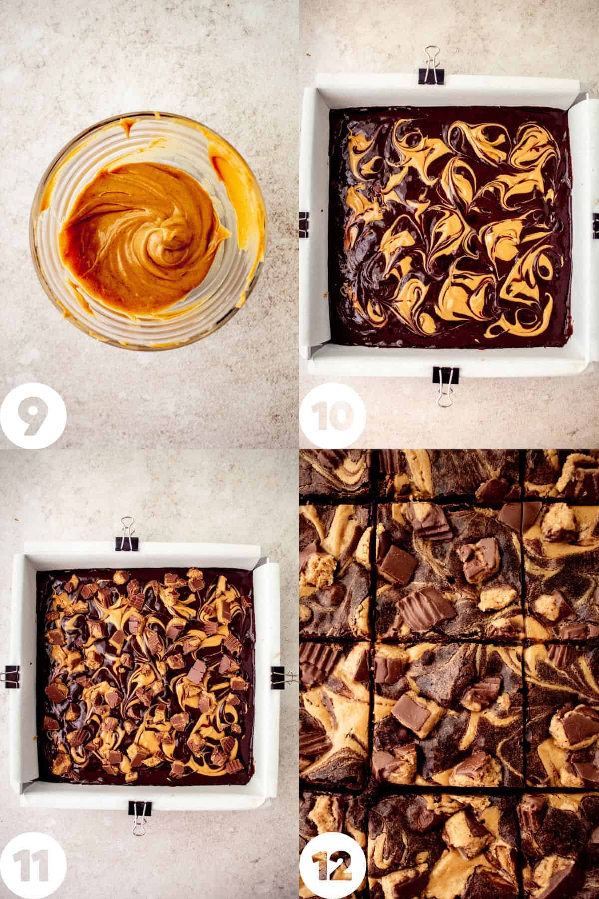 step by step swirling in the peanut butter and peanut butter cups